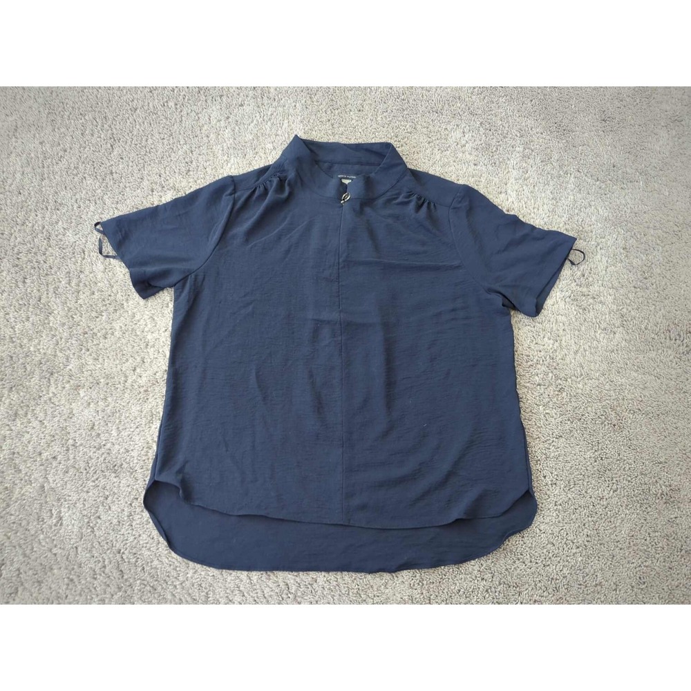 Tommy Hilfiger Zip Blouse Womens XL Blue Short Sleeve High Low Curve Hem